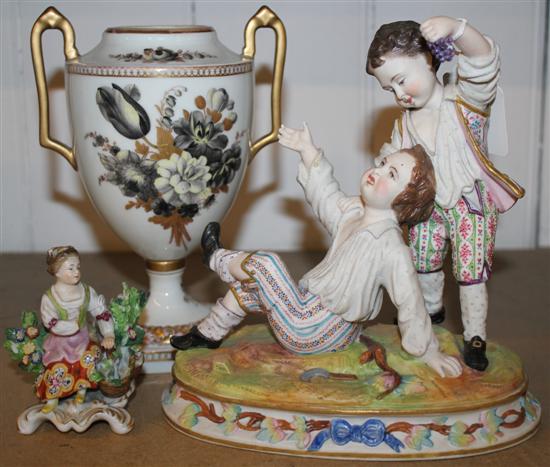Meissen fig group, continental fig group and a vase